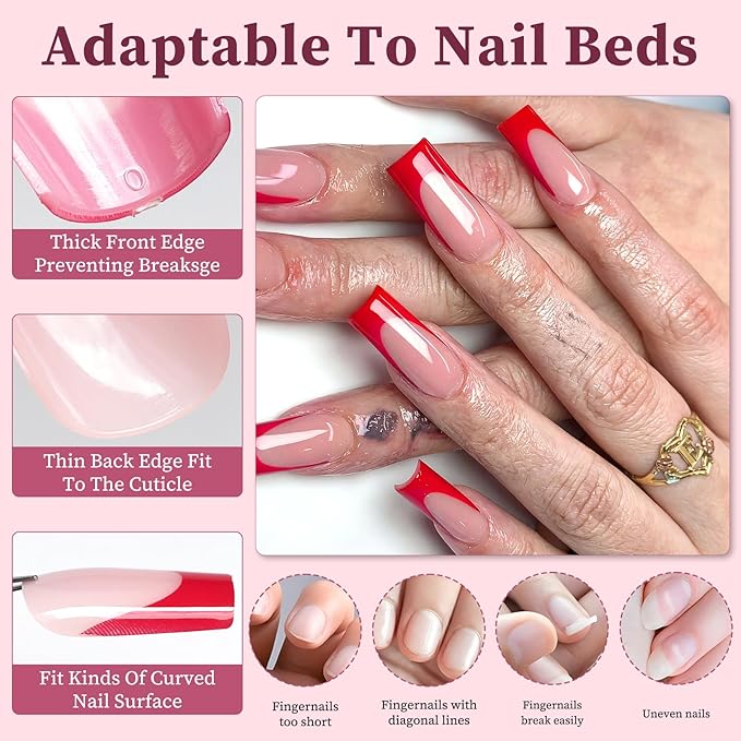 120PC Red French Tip Press on Nails Medium Fake Nails Press ons with 5*Adhesive Tabs, Pink Square Acrylic Nail Press on Nail French Tip Nails False Artificial Fingernails Stick on Nails-D