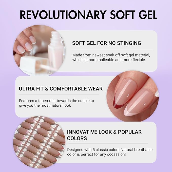 Gel French Tip Nails Medium Almond French Tip Press on Nails SXVME White French Nail Tips 150Pcs Pre-applied Tip Primer Natural Skin Tones Fake Nails Extensions Gel Nail Kit for Women Girls DIY