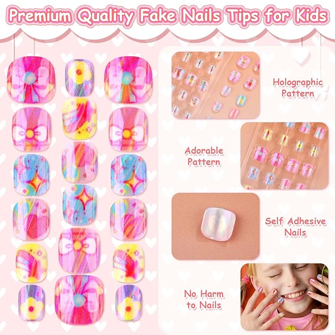 144 Pcs Small Holographic Press on Nails for Kids, Girls Fake Nails Mini False Nail Tips Pre Glue Full Cover Acrylic Nails for Girls Nail Art Decoration