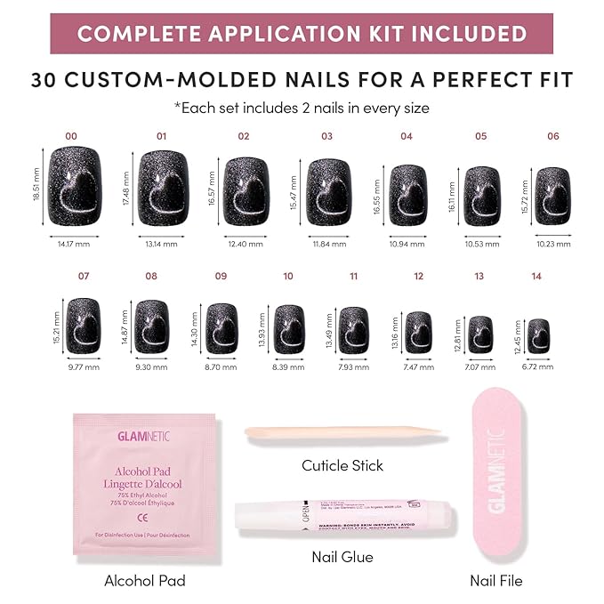 Valentines Day Glamnetic Press On Nails - Midnight Romance | Short Squoval Black Fake Nails with Magnetic Cat-Eye Design & Finish, Salon Quality | 15 Sizes - 30 Nail Kit with Glue