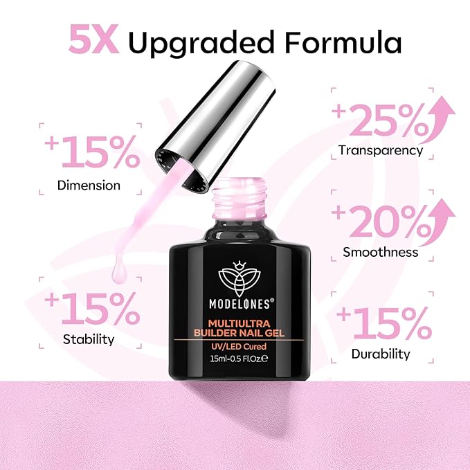 modelones Builder Nail Gel, Baby Pink Builder for Nails No Top Coat Needed, C-Curve Sculpting, Glossy Jelly Finish Light Pastel Pink, No-Wipe, 9-in-One LED Lamp Cured Color Rubber Base Gel Polish