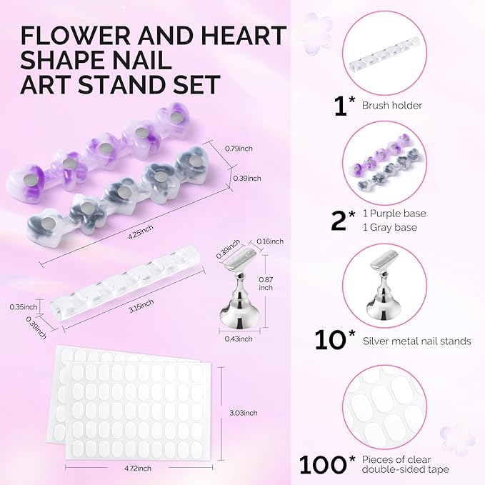 MelodySusie Nail Stand for Press Ons, Flower and Heart Magnetic Base for Painting Display with Acrylic Brush Holder and 100 Pcs Reusable Double-Sided Tape for Home DIY Salon Supplies, Purple and Gray