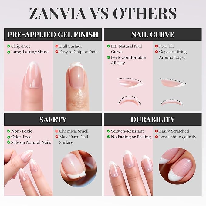 French Tip Press On Nails Acrylic - Short Almond Fake Nails Press ons, Reusable Glossy 30 Nail Kit with Glue, Adhesive Tabs, File, Manicure Stick, Prep Pad for Salon Quality or Fall Style