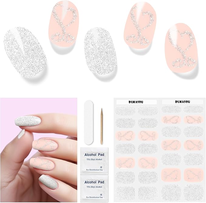 Semi Cured Gel Nail Strips,28 Pcs Gel Nail Stickers Wraps (Glitter Heart),Long Lasting Polish Strips with UV Light, Easy to Apply