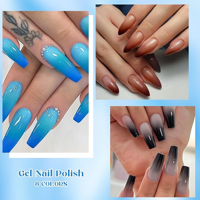 MEET ACROSS 8Pcs Color Changing Gel Nail Polish Set Fall Winter Nude Brown Grey Temperature Mood Changed Gel Polish Blue Pink Nail Art Design Gifts for Women Girls