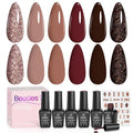 beetles Gel Polish Set Dark Brown Gel Nail Polish 6 Colors Glitter Burgundy Red Gold Black Sparkle Nail Kit Soak Off Led Manicure DIY Home Salon Gifts for Girls Women Academia Aesthetic