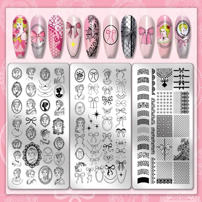 PH PandaHall 3pcs Retro Lady Portrait Nail Stamp Plates Bow Tie Nail Arts Templates Lace Ribbon Nails Art Stencils Vintage Style Nails Image Plates for Women DIY Manicures Salon Design Printing