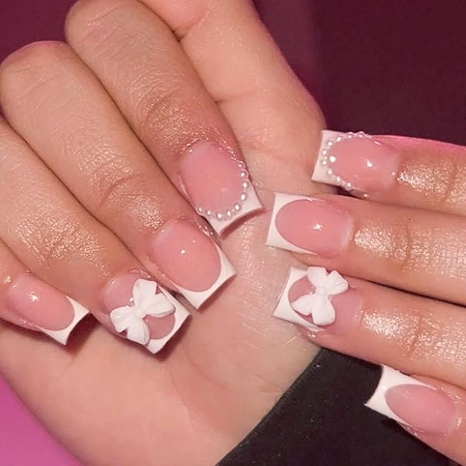 6 Packs (144 Pcs) | Reusable Press on Nails | cute nails | 6-Style Bundle | 12 Sizes | Each Style 24 Pcs | White theme bow