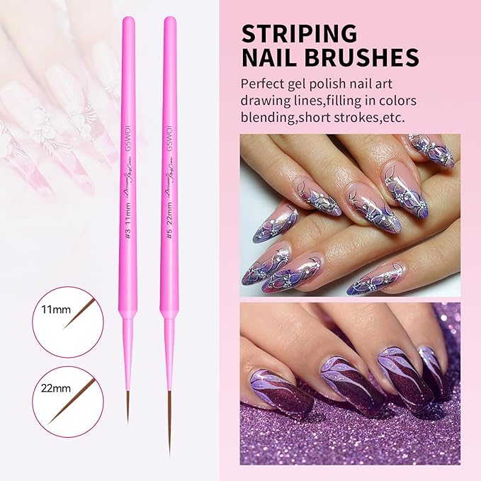 Nail Brush Set for Nail Art Liner Brushes,GSWOI 5Pcs Thin Liner Striping Brush for Nails Gel Polish Painting Designs Elongated Lines -Sizes 7/9/11/15/22mm(Green)