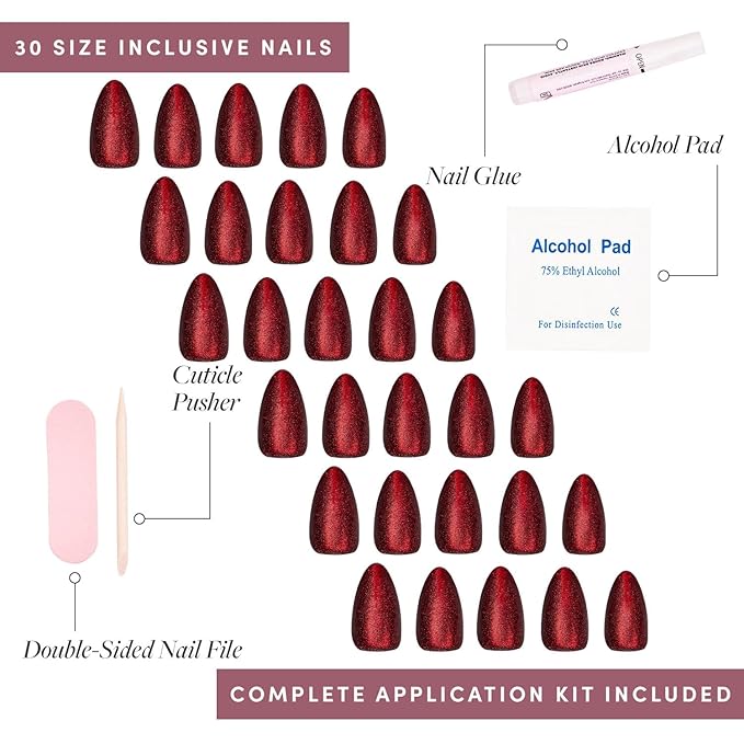 Glamnetic Press On Nails - Ruby Slipper Fake Nails | Deep Red Sparkly Short Almond Fake Nails with a Velvet Finish, Salon Quality | 15 Sizes - 30 Nail Kit with Glue