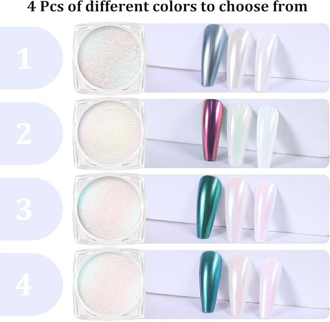 SIUSIO 4Colors Chrome Nail Powder Metallic Mirror Glitter Effect Pigment Iridescent Aurora Dip Powder, Mermaid Pearl Dust Kit for Gel Polish Nail Art Decoration, Resin Craft-Colorful Dream
