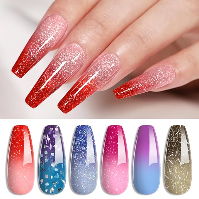 Born Pretty Color Changing Gel Nail Polish, 6 Colors Glitter Temperature Change Gel Polish Red Hot Pink Blue Long Lasting Nail Polish U V Set for Manicure and Nail Art, DIY at Home, Salon-Quality 7ml