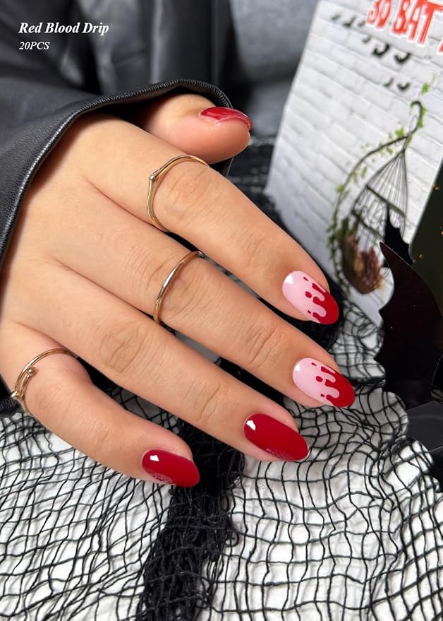 Semi Cured Gel Nail Strips (Red Blood Drip), Halloween, 20 Pcs Gel Nail Wraps, Stickers, Salon Quality, Long Lasting, Works With Any UV Lamps