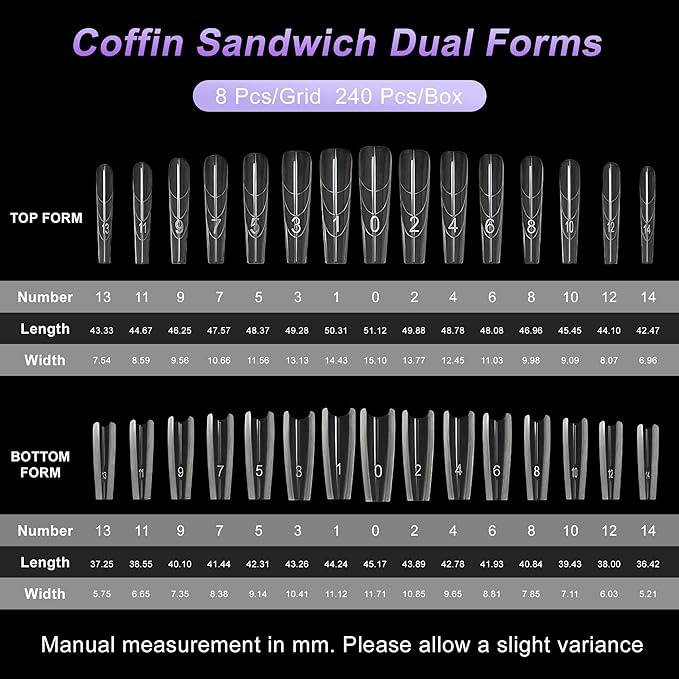 VOCOSTE 240pcs Sandwich Dual Nail Forms, Long Coffin Nail Art Tools for Quick Nail Extension, 15 Sizes Plastic Reusable Form, Long Nails DIY Salon & Bride Party Manicure Kits