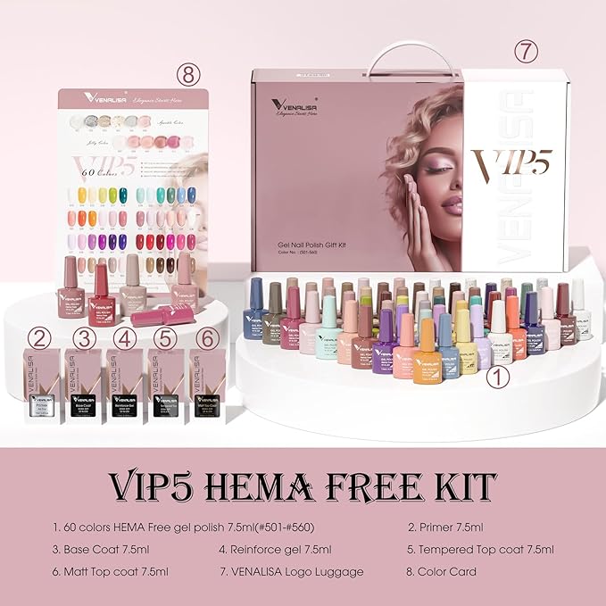 VENALISA VIP5 65PCS Gel Nail Polish Set, 60 Colors Glitter Jelly White Nude Pink Red Green Brown Gel Polish Kit with Base Top Coat Nails Manicure Salon at Home
