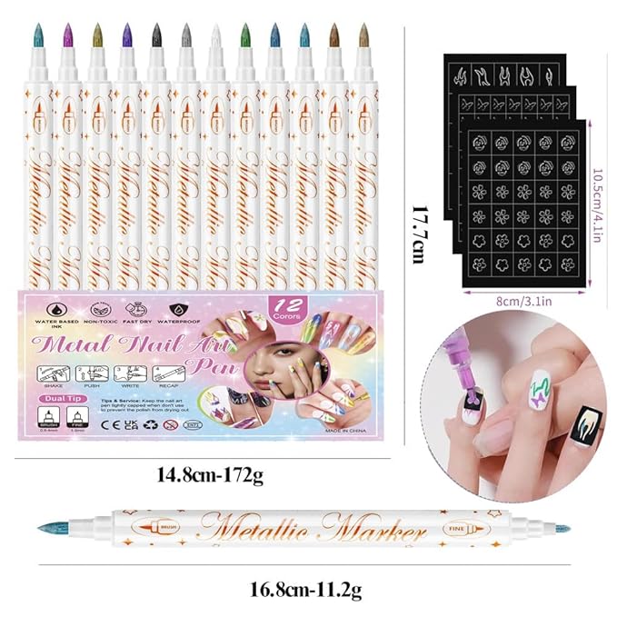12 Colors Nail Art Pens Set with 3 Stencils, 2nd-Head Nail Art Markers Polish Pen for Drawing Painting Nail, Waterproof and Quick Dry Pen Liner Brush for Nail Beauty Gift for Christmas Easter Basket