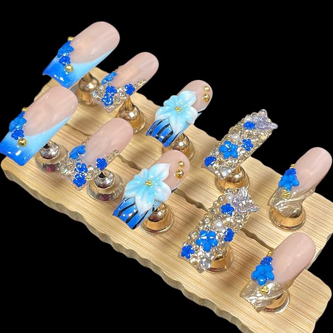 Handmade 3D Floral Press On Nails, Medium Long Square Shape, Blue Gradient with Rhinestones, Gold Beads, Reusable Acrylic False Nails (Blue enchantress, M)