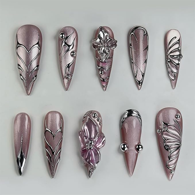Long Almond Nude Press on Nails with Silver Charm Stick on Nail 24pcs