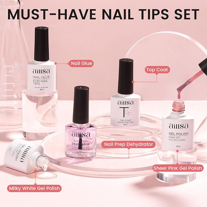 AILLSA Nail Extension Kit Short Almond Nail Tips 240pcs with 2 In 1 Nail Glue Base Coat and Nail Dehydrator, Gel Nail Tips Kit with Nail Lamp Top Coat for Starters Home Salon Valentine's Day