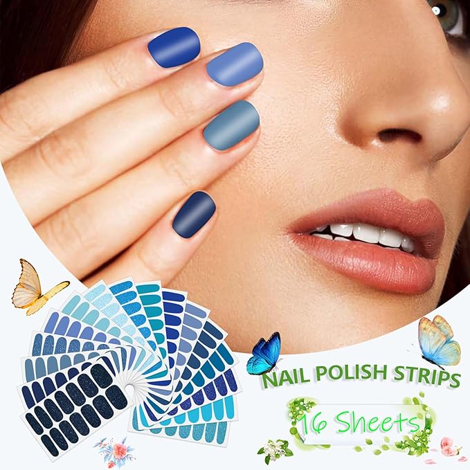 SILPECWEE 16 Sheets Blue Nail Wraps for Women Glitter Solid Color Nail Polish Stickers Stick on Nail Polish Strips Gel Nail Strips Self Adhesive Fingernail Manicure Design with Nail File