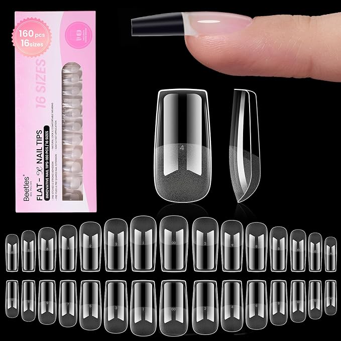 Beetles Flat-X Gel Nail Tips - Medium Square Press-On Nails 16 Sizes 160 pcs | Pre-Etched Half-Matte Full-Cover Soft Gel Tips Fake Nail for Flat & Natural Nail Beds - Easy DIY Salon