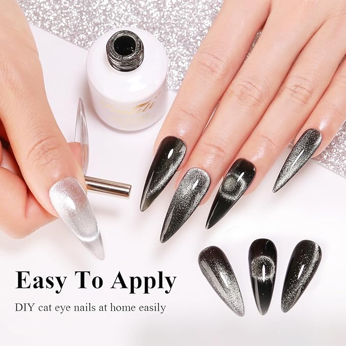 Imtiti Cat Eye Gel Nail Polish, 15ML Black Holographic Glitter Cat Eye Magnetic Gel Polish with Magnet UV LED Crystal Galaxy Sparkly Home DIY Manicure Nail Salon Kit