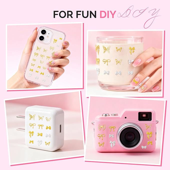 MelodySusie 3D Nail Charms and Gems, 2 Acrylic Boxes Bowknot Golden Silver Alloy Butterfly Bow Nail Art Studs With Tweezer for Y2K Manicure Nails Design Supplies DIY Crafts Decoration