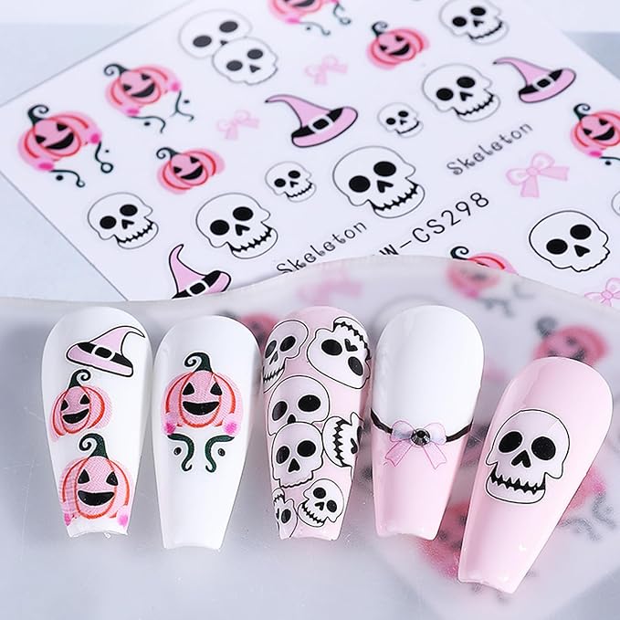 8 Sheets Halloween Nail Decals Black White Ghost Spider Web Nails Sticker Cute Pumpkin Skull Nail Art Decal Self-Adhesive Bat Blood Drop Nails Art Stickers for Women Halloween Decor