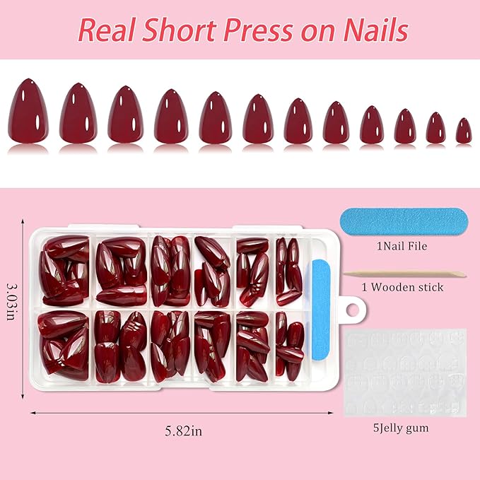 120pc Red Almond Press on Nails Short Fake Nails Press ons for Women Acrylic Nails Press on Nails&Glue Tabs, Short Red Press on Nails Almond False Nail Tip Stick on Artificial Fingernail