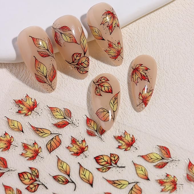 2 Sheets Fall Series Nail Stickers Maple Leaves Nail Art Stickers Autumn Iridescent Nail Decals with Orange Maple Leaves Designs Holographic DIY Self-Adhesive Nail Art Supplies