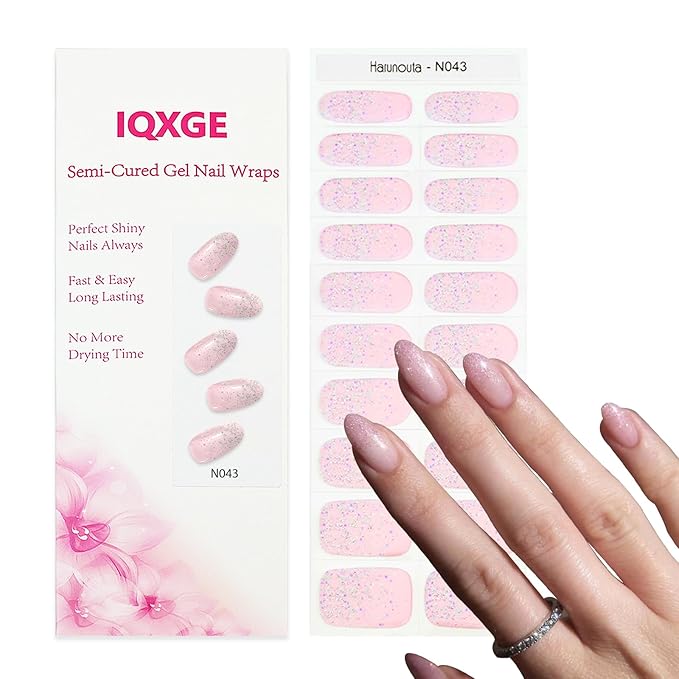 20Pcs Semi Cured Gel Nail Strips Pink Glitter Gel Nail Stickers Self Adhesive Nails Wraps UV/LED Light Needed Glossy Nails Polish Strips for Women Includes Prep Pads, File, Wooden Cuticle Stick