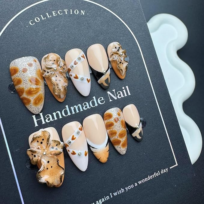 100% Handmade Press on Nails Medium Almond Handmade Nails with Rhinestone Flower Charm Design Brown False Nails Leopard Print Nail Press ons Reusable Acrylic Fake Nails for Women Size M 10Pcs