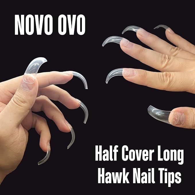NOVO OVO Halloween 100 pcs Long Hawk Curved Nail tips, Clear Cystal Extra Super Extreme Deep Curve Half Cover Tapered Square Eagle Claw Soft Gel False Nail Extension for Acrylic Nails x10 Sizes in Box