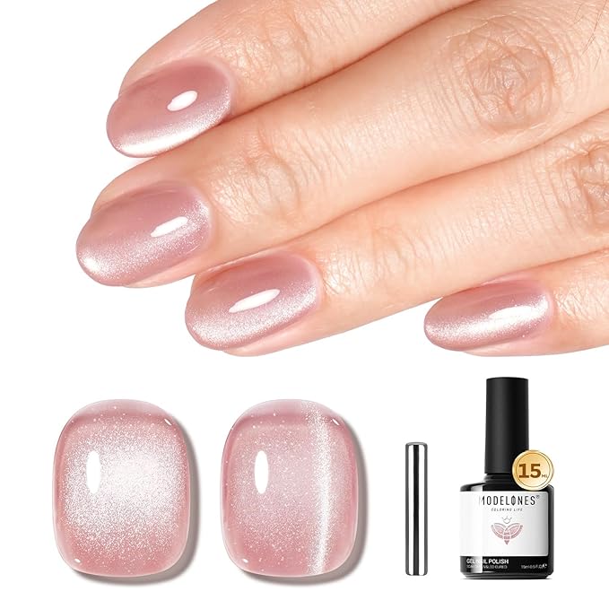 modelones Pink Cat Eye Gel Nail Polish 9D Cateye with Magnet Valentine Nail Shimmer Soak Off Reflective Translucent Gel Magnetic Nail Polish 15 ML