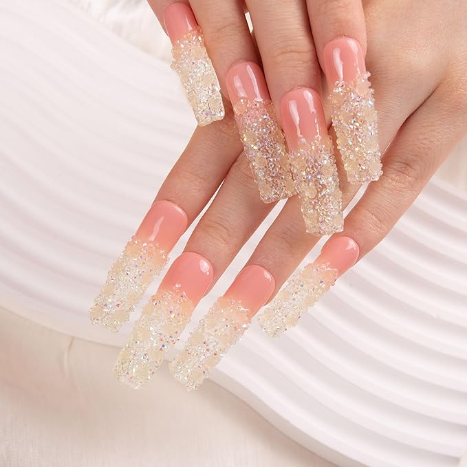LOVFUL Press on Nails Amour Blanc| Handmade with Full Covered Crystals| Reusable Fake Nails| Square Mid length 1.7in| H205-S