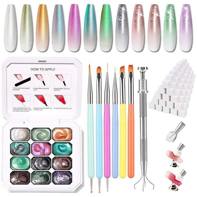 Christmas Pearl Gel Nail Polish, 12 Colors Glitter Ombre Gel Polish Palette Pat Paint Aurora Mermaid Gold Silver Green Pink Sparkle Reflective Holographic (Set 02)