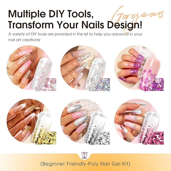 Poly Nail Gel Kit with Drill 14 Colors + 75 Nail Art Accessories Kit,ROSALIND Clear Pink Nude Glitter Poly Nail Gel with Big UV Light 48W and Electric Nail Drill Starter Kit