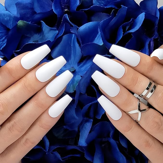Hypnaughty 24 Pcs Santorini White Matte Luxury Coffin Press on Nails with Glue Medium Long Reusable & Customizable False Nails (Santorini)