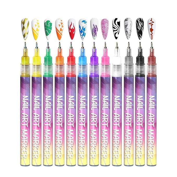 12 Colors Nail Art Pens Set, 2026 New Gel Nail Art Markers for DIY Drawing, Painting, Dotting & Lining, with 1PC Reusable Nail File & 1PC Buffer for Natural Nails, Home & Salon Manicure Kit