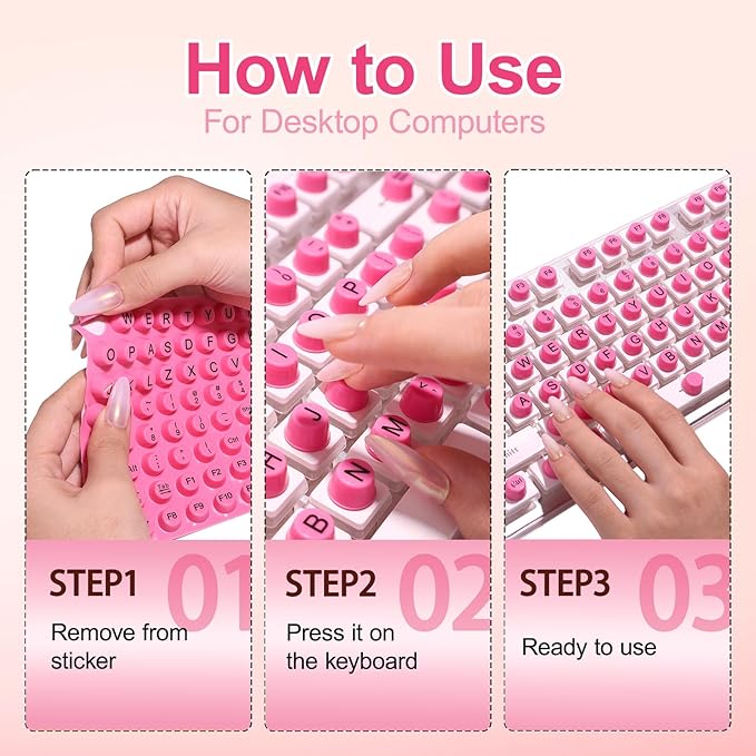 128Pcs Raised Keyboard Stickers for Long Nails with Letters, Soft Silicone Keyboard Bubbles for Women, Nail Art Typing Keycaps for Desktops (Pink, 128pcs)