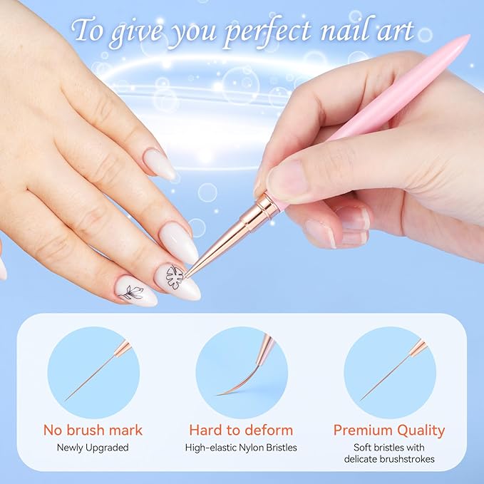 6Pcs Colorful Nail Art Liner Brushes Set, Detail Painting Design Fine Lines Drawing With Cap Metal Handle Home DIY Salon Manicure Tool Women Gifts, 5/7/9/11/15/18mm