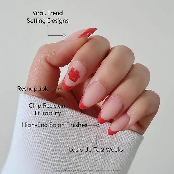 Glamnetic x Fanatics Press On Nails - Utah Utes | Short Almond Fake Nails, Collegiate Utes Red French Tips, College Nails, Salon-Quality | 15 Sizes - 30 Nail Kit with Glue