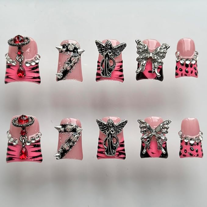 Luxury Press on Nails Short Duck Handmade 3D Unique Reusable ABS Material Fake Nails Pink French Tip False Nails with Designs Butterfly Rhinestones Rivet Glossy Glue on Nail Thick Acrylic Nail(S)