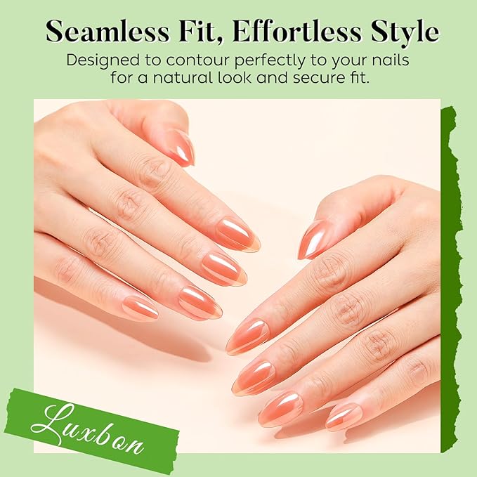 Luxbon Short Almond Durable Press On Nails with No-Cure Nail Glue and Tool Kit – Chrome Soft Gel Tips 25-30pcs Full Size Set, Reusable Fake Nails for Women, Stick On Nails, Tomato