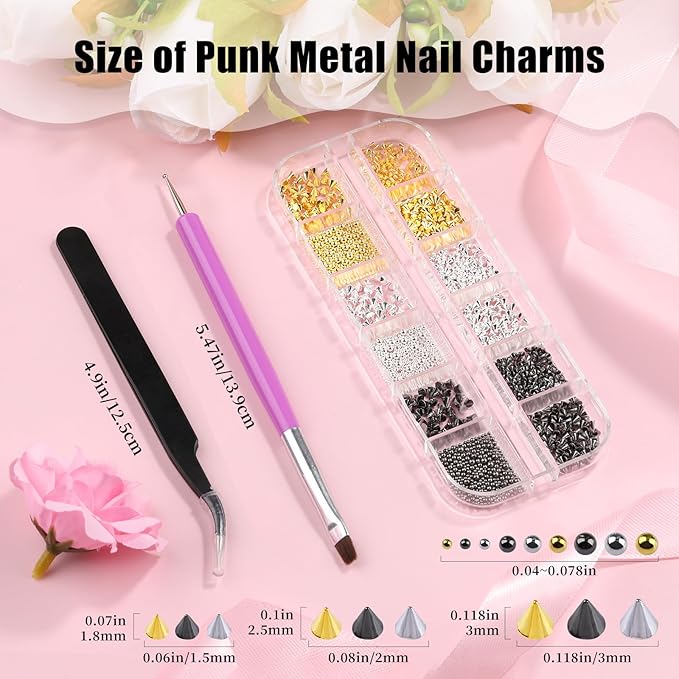 3D Mini Small Metal Stainless Steel Caviar Nail Beads Balls, 0.8-3mm Gold Silver Alloy Nail Art Chain Charms Studs with Tweezers and Dual-end Brush (17-K1-punk-metal)