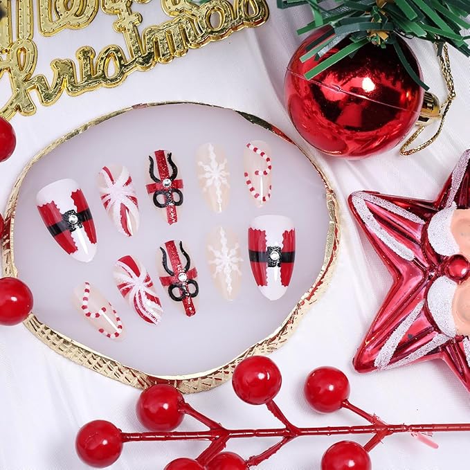 30Pcs Christmas Press on Nails Medium Almond Fake Nails Snowflake Candy Canes False Nails with Red and White Glitter Design Cute Winter Xmas Artificial Stick on Nail Full Cover Glue on Nails for Women