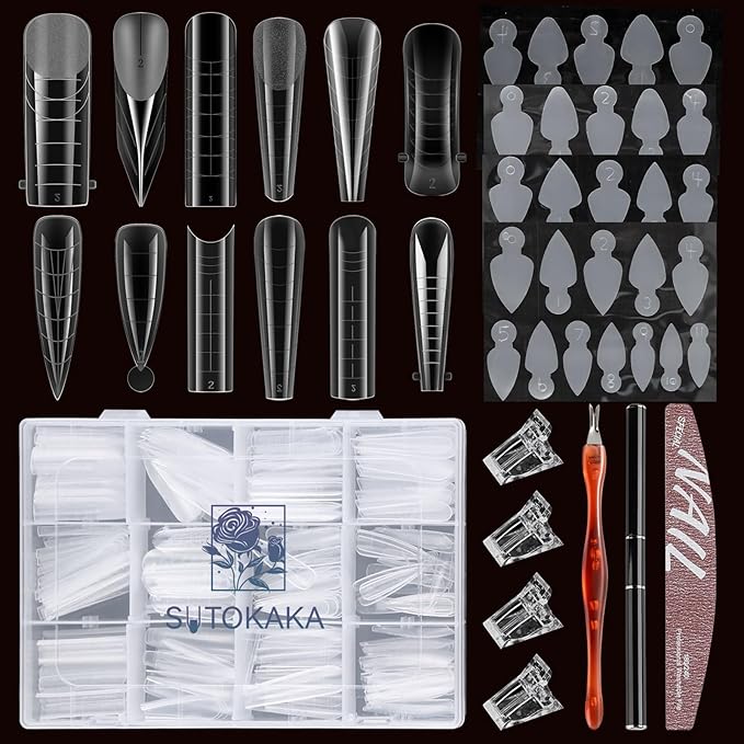 288Pcs Polygel Nail Forms Starter Kit 12 Style Poly Gel Nail Extension Molds Full Cover Dual Forms with Silicone Stickers Manicure Tools for Coffin Square Almond French Nail Art Designs