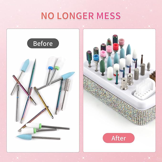 2 in 1 Nail Drill Bits Holder & Cleaning Brush Case,30 Holes Dustproof Nail Art Drill Bits Stand Display Storage Box and Nail Drill Bits Cleaner Manicure Tools Shiny (Multicolor)