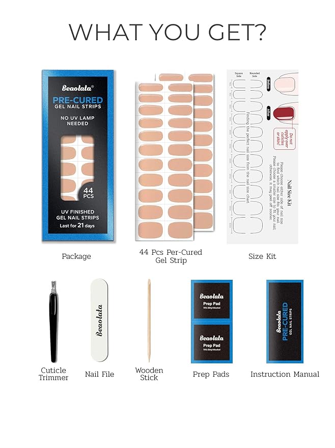 Pre Cured Gel Nail Strips - 44PCS Salon Quality Gel Nail Stickers - Long Lasting Polish Wraps for Women no UV Light Needed Easy Apply& Remove (Coconut Milk Nude)