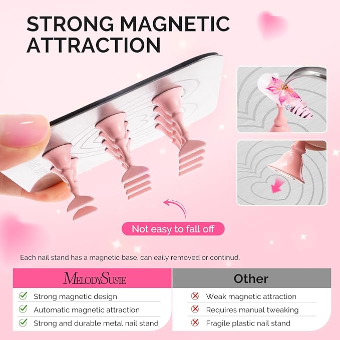 MelodySusie Nail Stand for Press Ons, Super Metal Square With Heart Pattern Magnetic Base for Painting Display with Brush Holder And Reusable Double-Sided Tape for Home DIY Salon Supplies